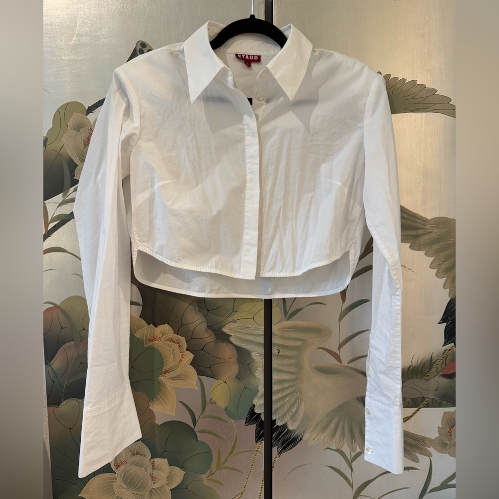 STAUD White Cropped Button Up Collared Shirt